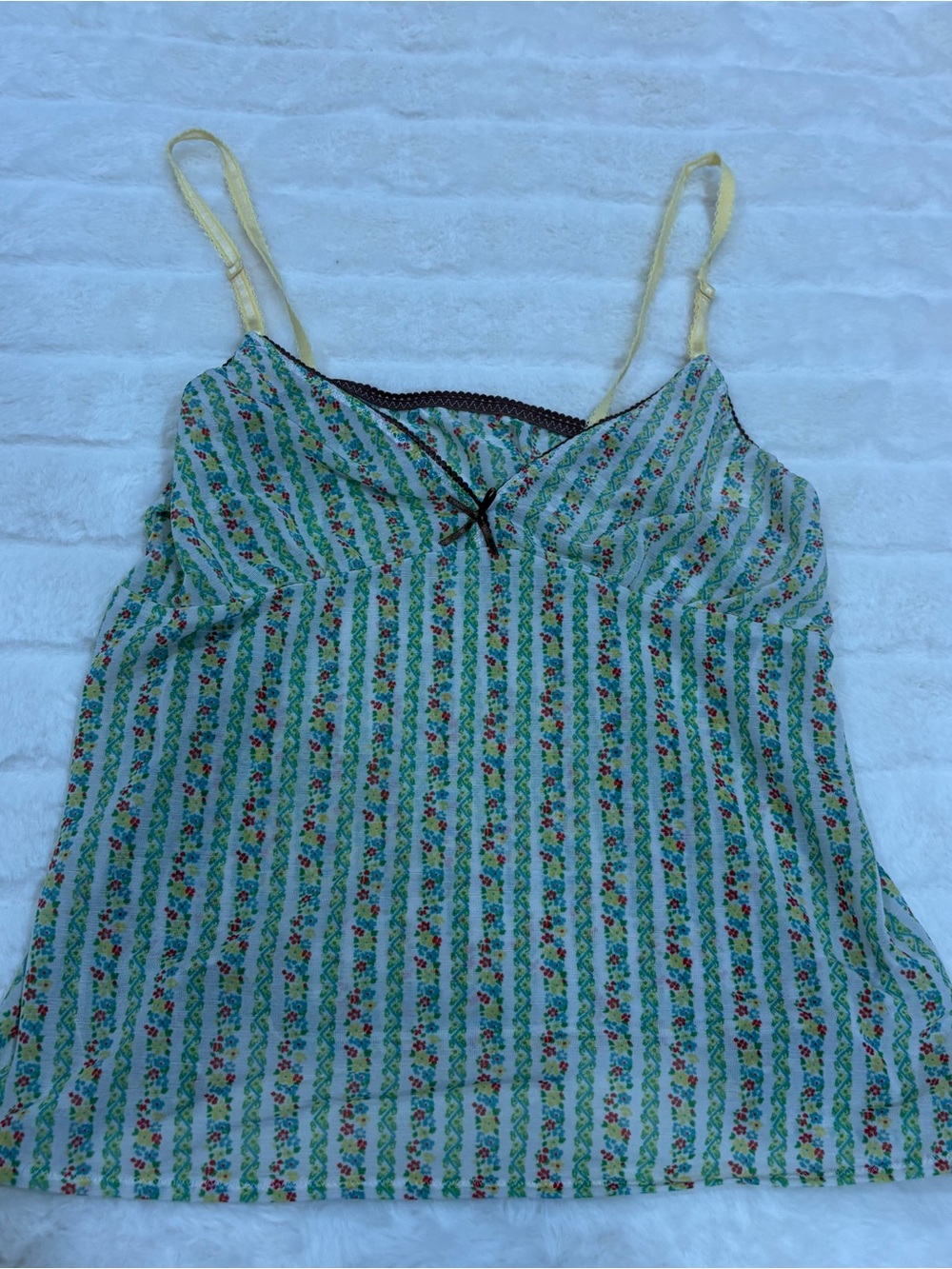 Vintage Green Striped Floral Cami with Yellow Straps